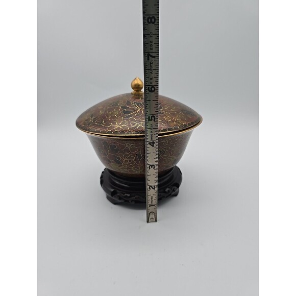 Vintage Chinese Cloisonne Covered Bowl on Wood Stand Enamel over Copper Floral - Picture 7 of 8